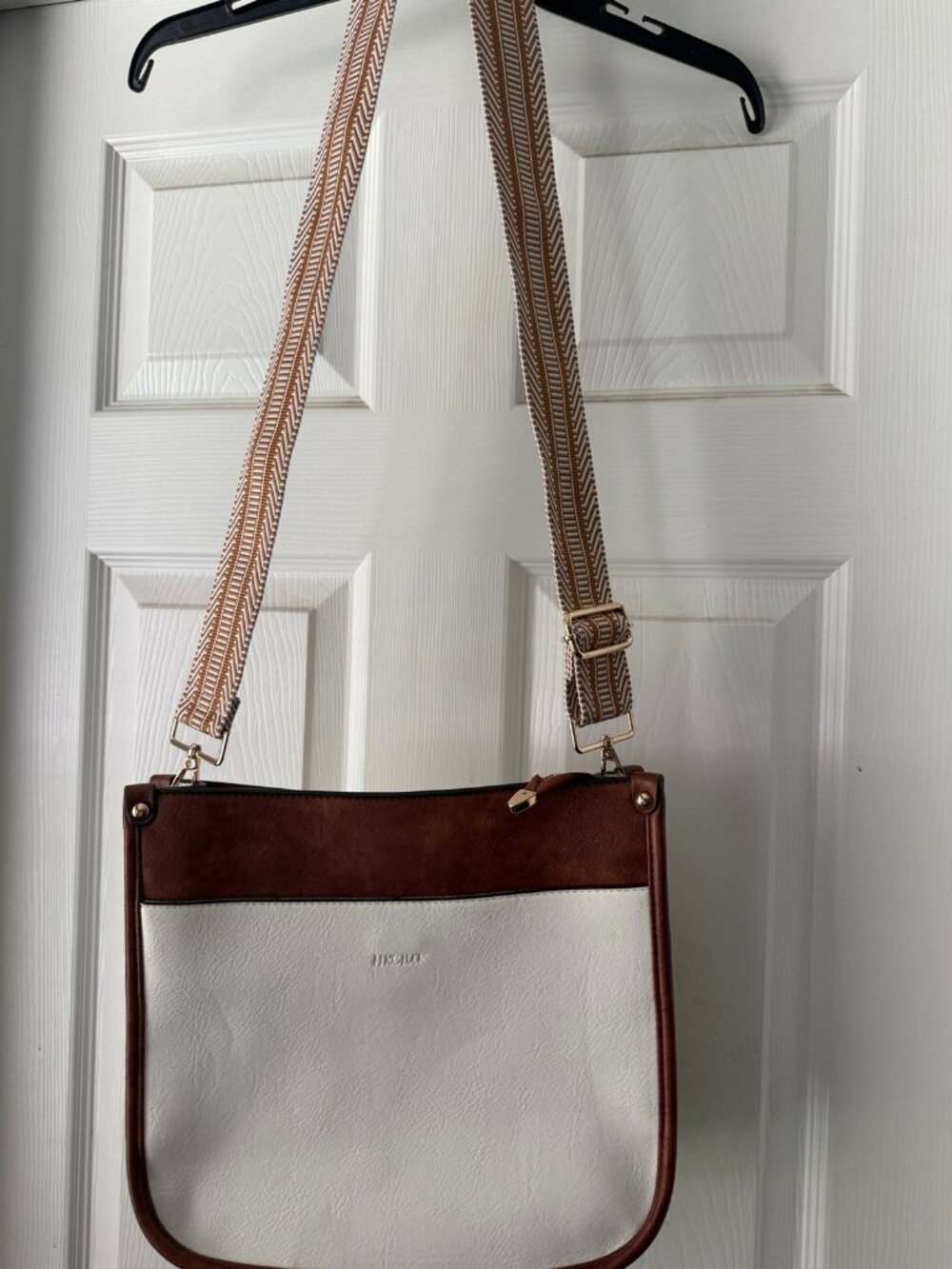 White and Brown Crossbody Bag with Patterned Strap